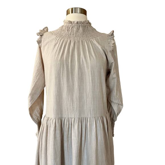 ROLLER RABBIT Maxi Dress Delfia Beige Ruffle Trim High Neck Long Sleeves Small - Picture 4 of 11